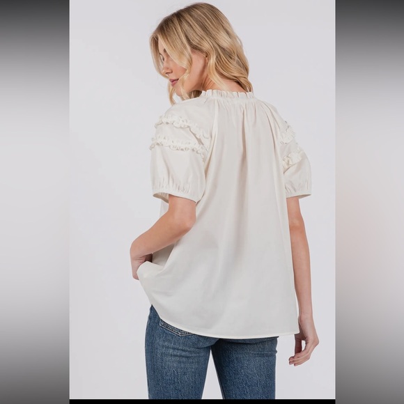09 Solid Short Puff Sleeve V-Neck Blouse Top - Picture 5 of 6